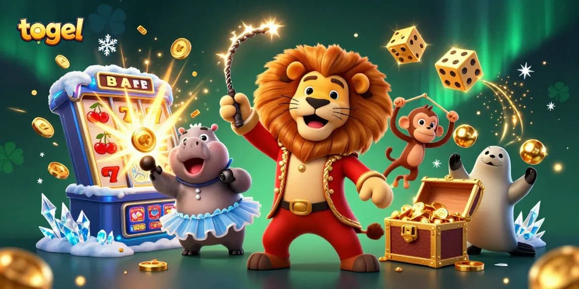 Experience the thrilling world of togel with a vibrant 3D circus scene featuring lucky symbols and dynamic characters.