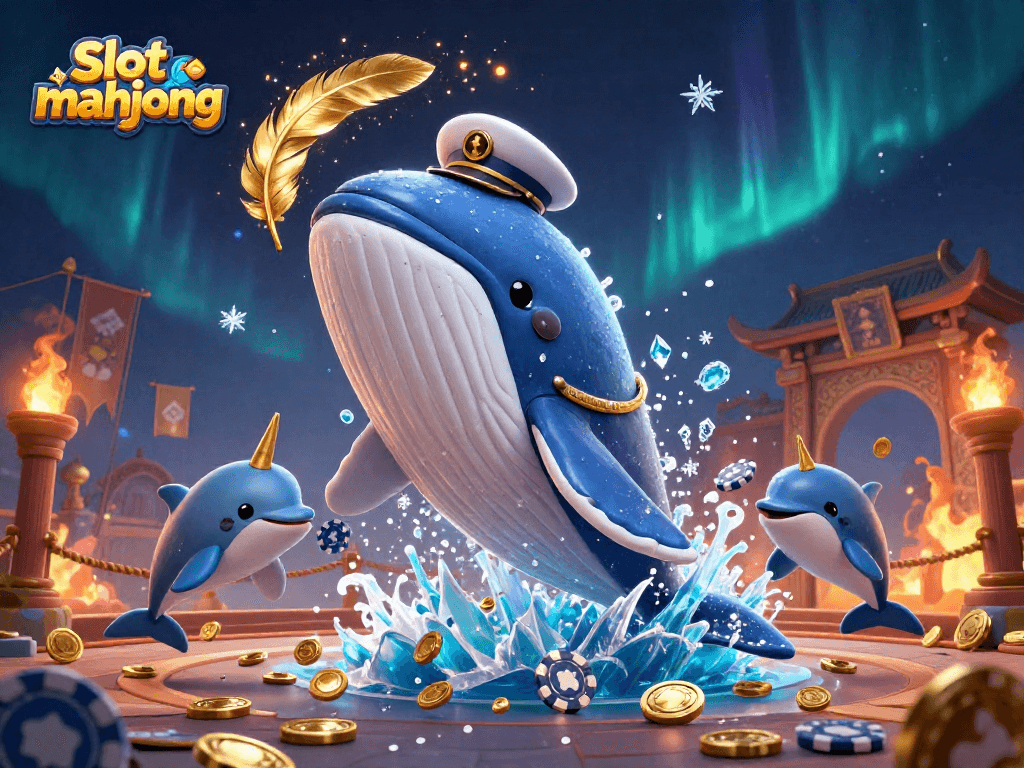 Spin to win with slot mahjong in this vibrant, ultra-detailed 3D casino scene featuring animated marine characters.