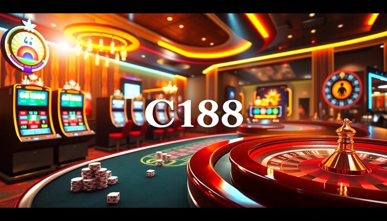 C168 online casino ambiance with vibrant gaming tables and advanced slot machines in action.