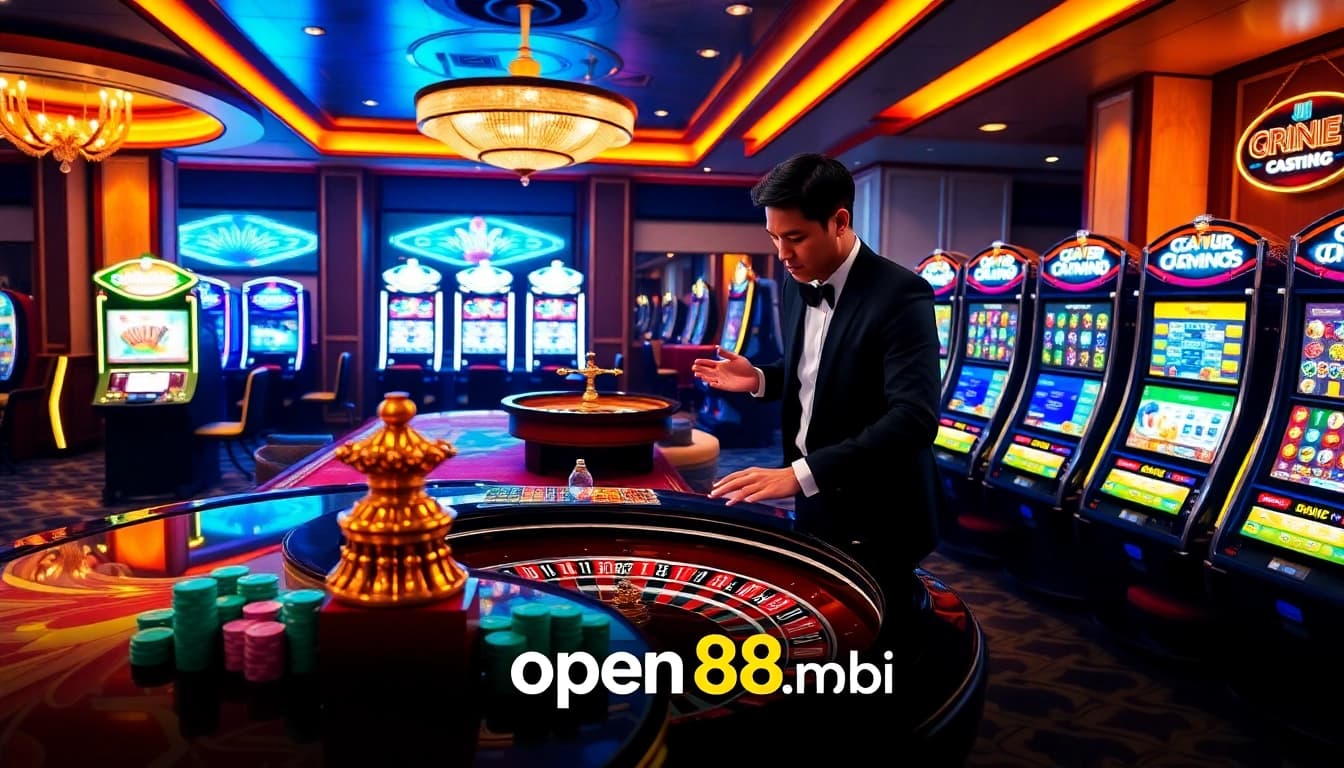 An enticing casino experience featuring open88.mobi's vibrant gaming atmosphere, showcasing poker tables and a roulette wheel.