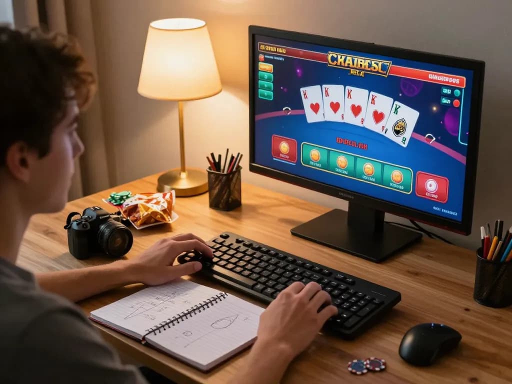 Pemain Dewi100 terlibat dalam permainan kasino online strategis di rumah dengan antarmuka yang menarik.