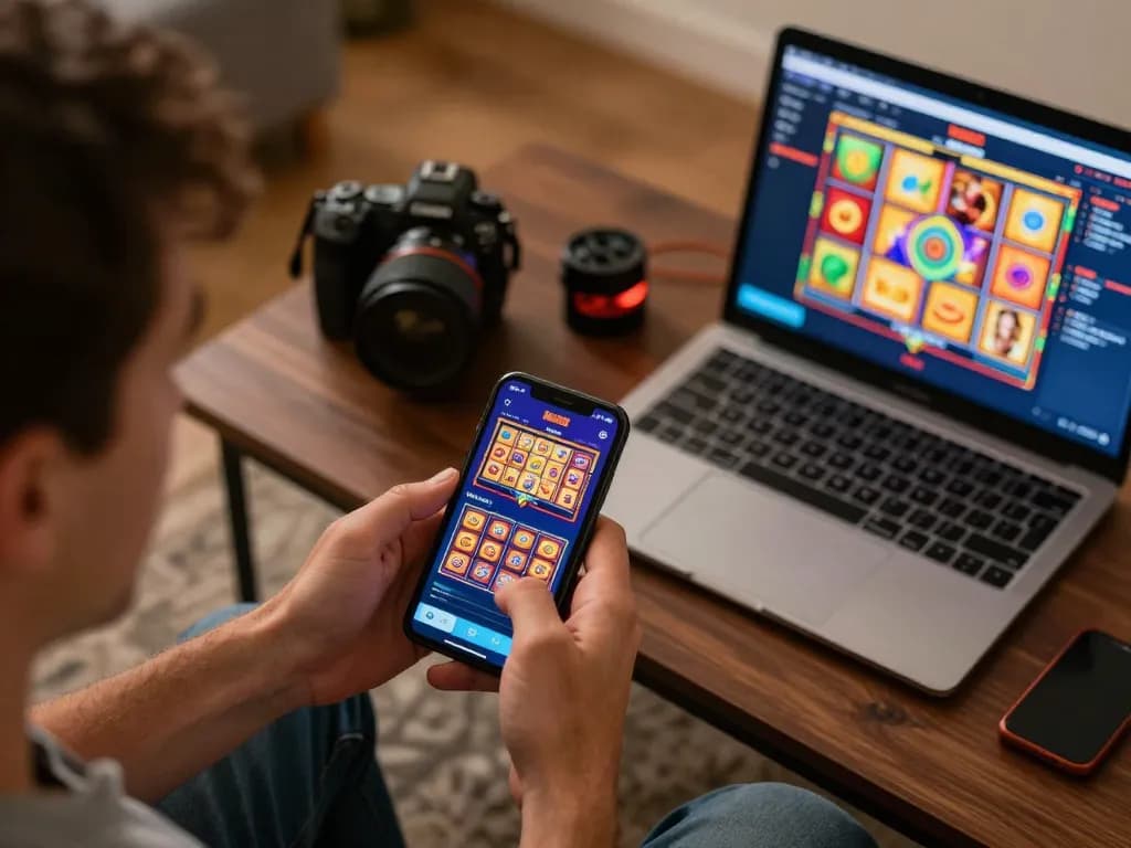 Engaged player enjoying slot games on the RR88 app using a smartphone in a cozy home setting.