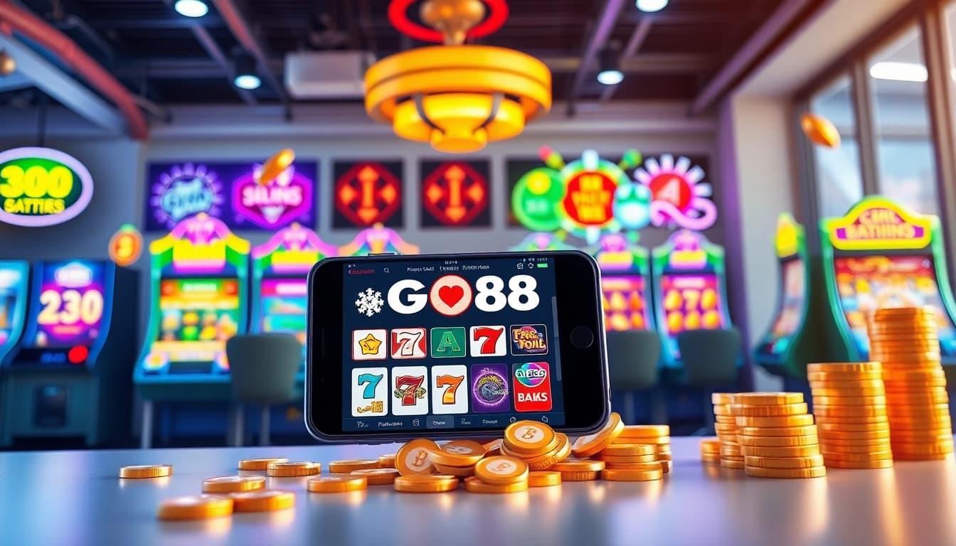 Tải GO88 mobile app shown in a vibrant online gaming interface with exciting slot machines.