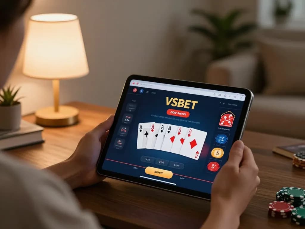 VSBET player engaging in online poker game on tablet in cozy home setting