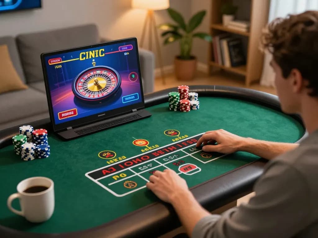 Player enjoying online casino gaming on uk88 com, vibrant roulette gameplay in a cozy home setting.