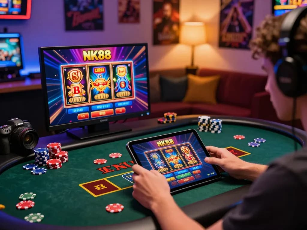 Engaging NK88com gaming scene featuring a player on a tablet surrounded by casino graphics and vibrant ambience.
