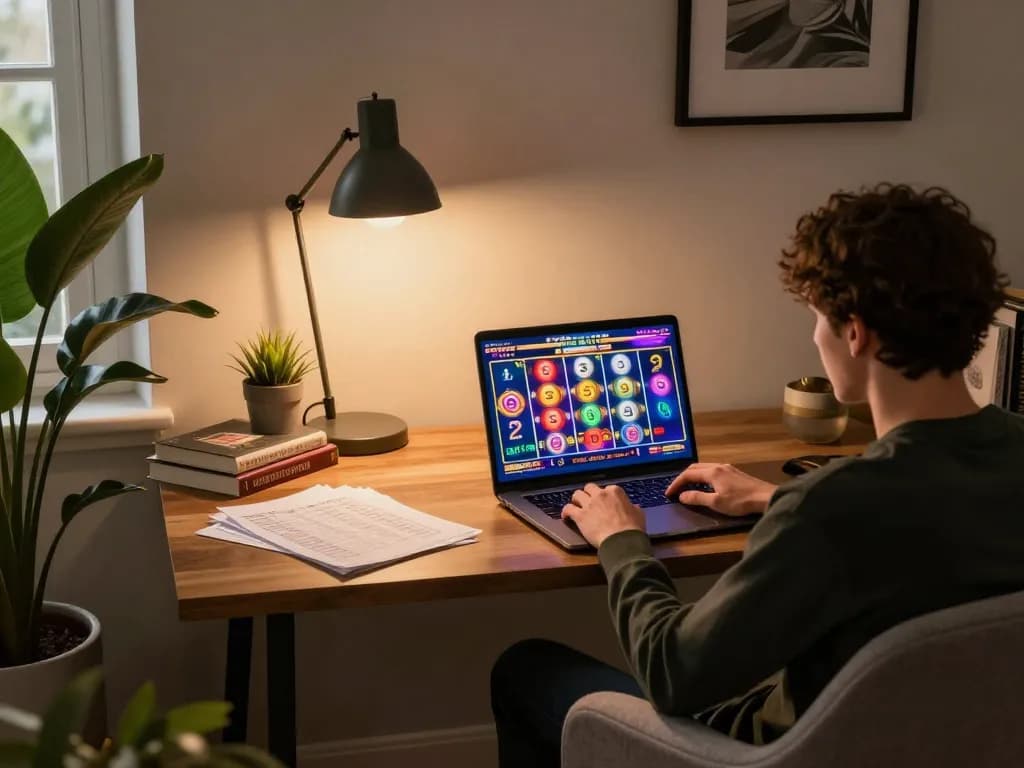 Engaged player at home using God55 casino app on laptop for strategic gameplay.