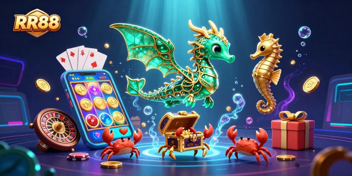 RR88 showcases an emerald sea dragon guarding treasures, with vibrant slot games and casino elements.