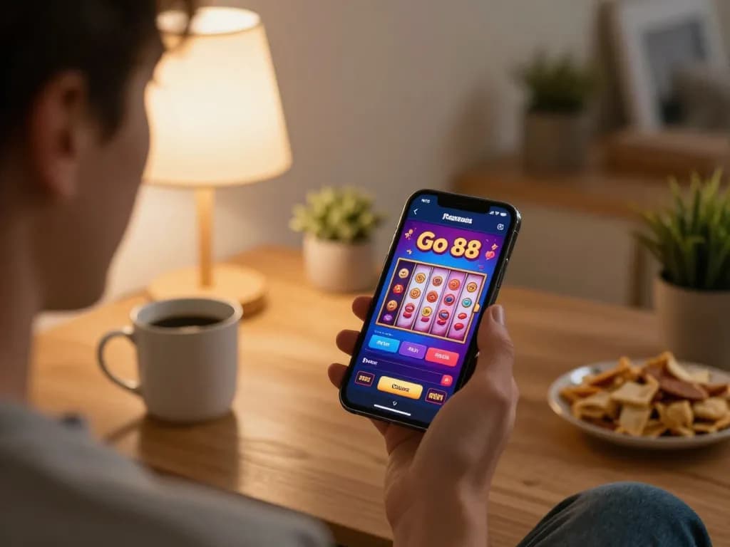 Engaging with Go 88 app on a smartphone during online gambling session at home