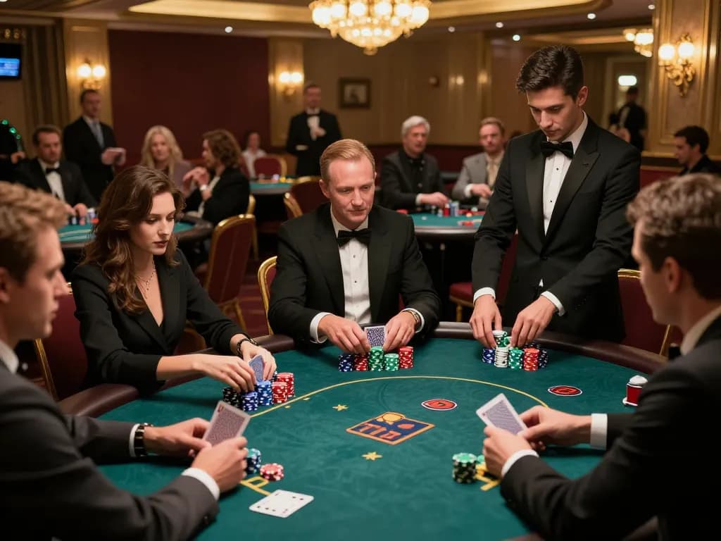 Kong88 players strategizing in a high-stakes poker game, showcasing premium casino ambiance.
