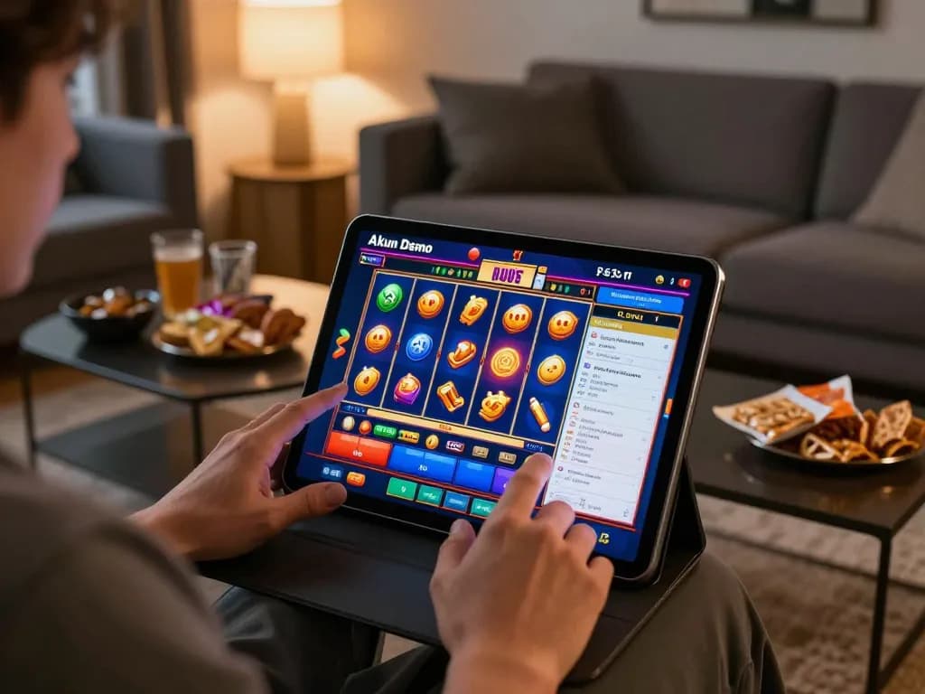 Seorang yang menikmati gameplay Akun Demo PG Soft di tablet dalam suasana ruang tamu yang stylish, menekankan permainan yang bertanggung jawab.