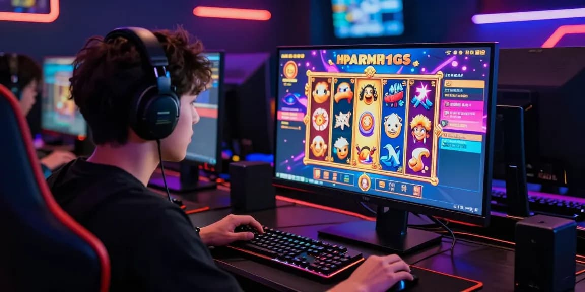 Engaging player at online slot game during osaka88 login, vibrant neon lights and gaming accessories in focus.