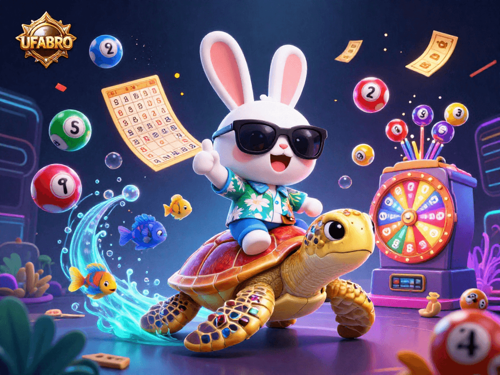 Engage with UFABRO's dynamic casino scene featuring a lucky rabbit and golden turtle amidst exciting gambling symbols.