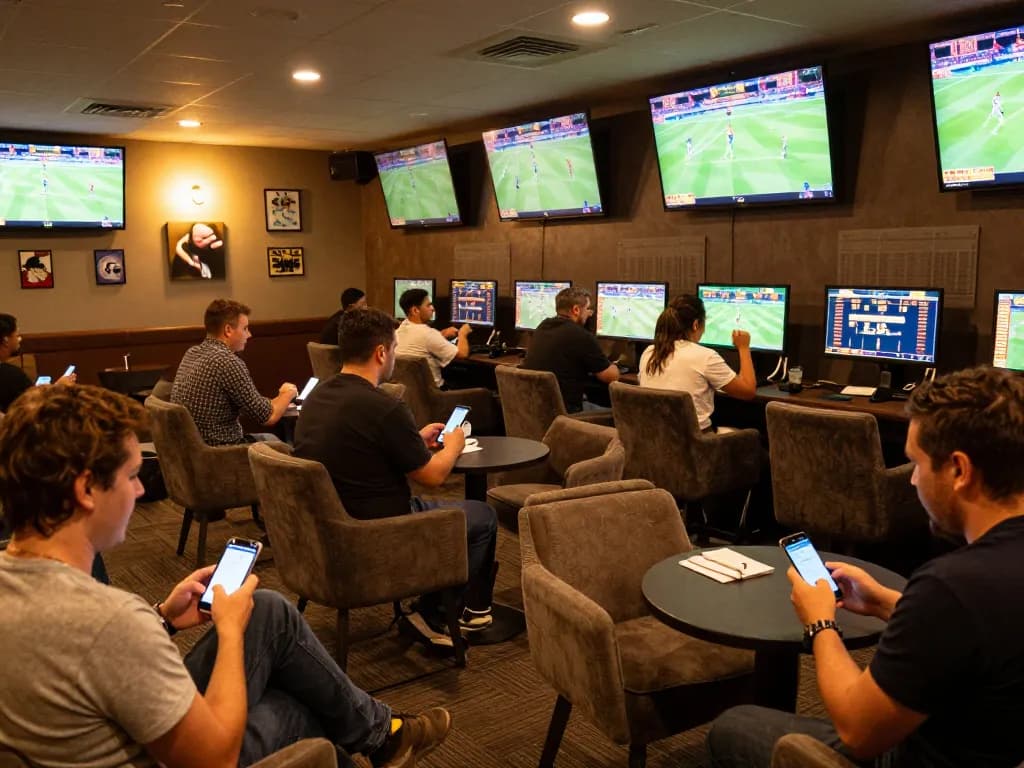 Excited bettors enjoying the experience of the ONLINE128 sports betting lounge.