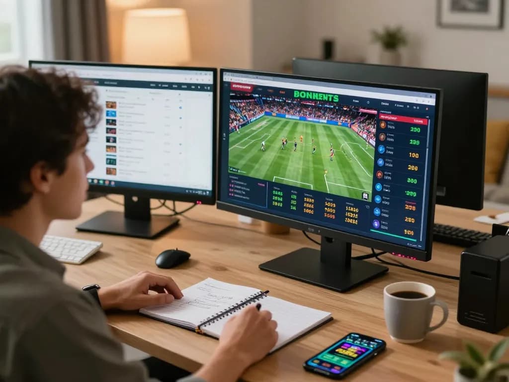 Engaged user analyzing sports bets on multiple screens, exploring Qh99 with a focused strategy.