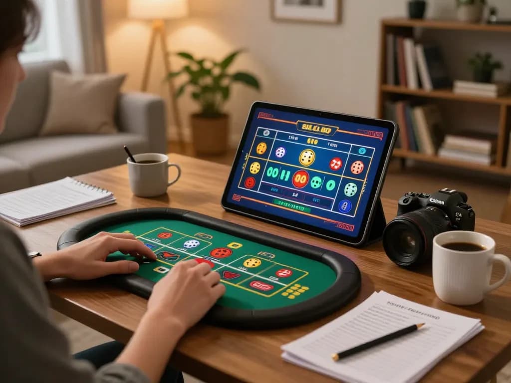 Sicbo gaming on a tablet in a cozy living room with strategy notes indicating serious play.
