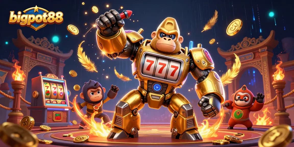 Experience excitement with bigpot88's dynamic scene featuring a golden gorilla mech and slot symbols.