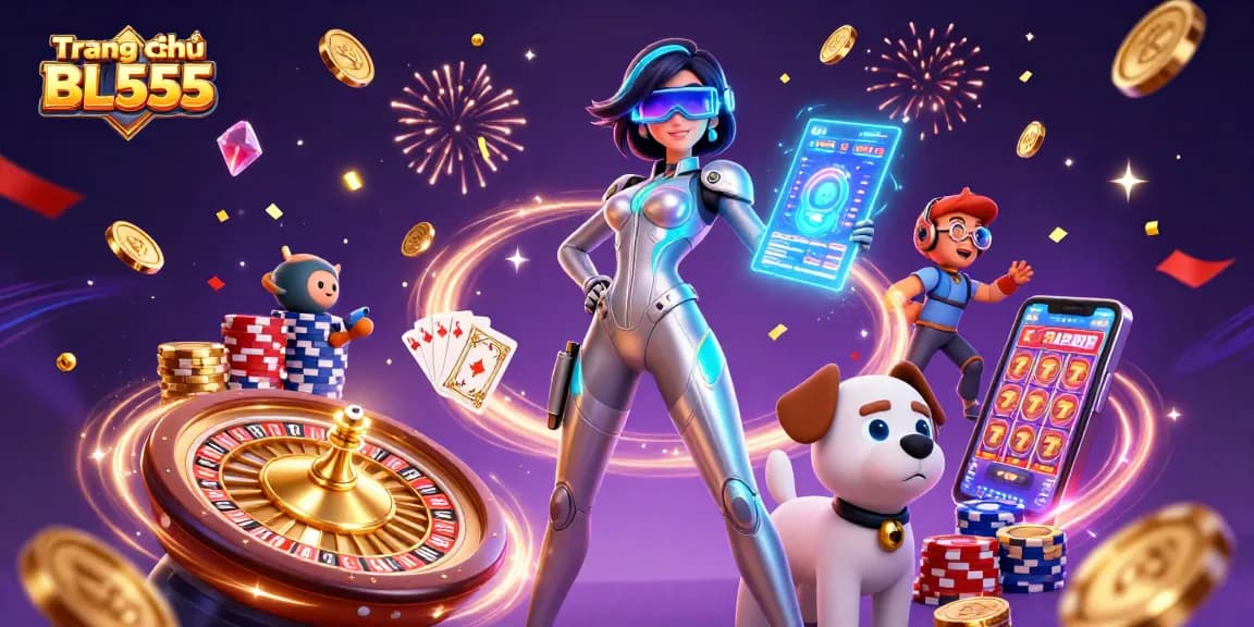 Experience thrilling action at Trang chủ BL555 with a vibrant 3D casino scene showcasing games and excitement.