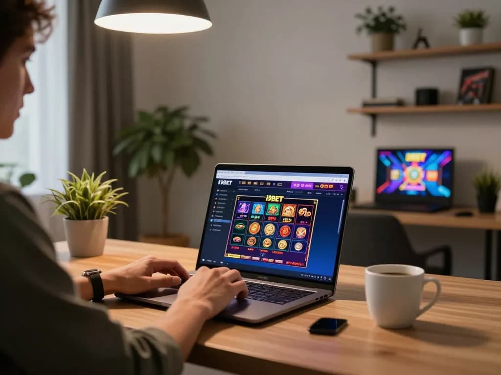 i9BET online gaming setup with vibrant slots interface on a laptop, ensuring an engaging gambling experience.