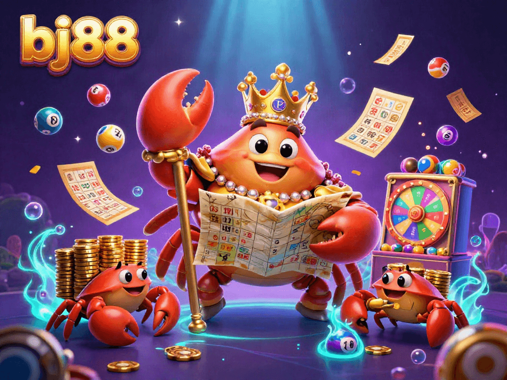 Engage in the vibrant world of bj88 with a golden crab emperor amidst lively casino elements.