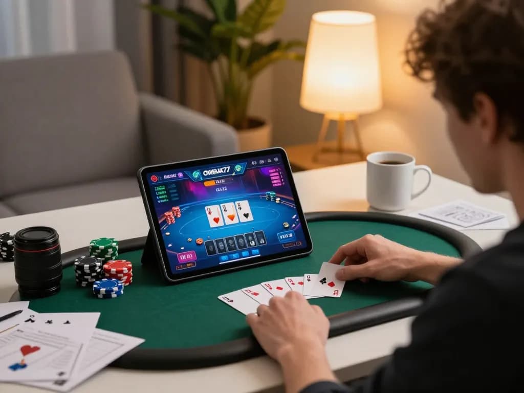 Pemain menikmati permainan poker OMBAK77 di tablet, menunjukkan chip dan kartu di suasana yang nyaman.