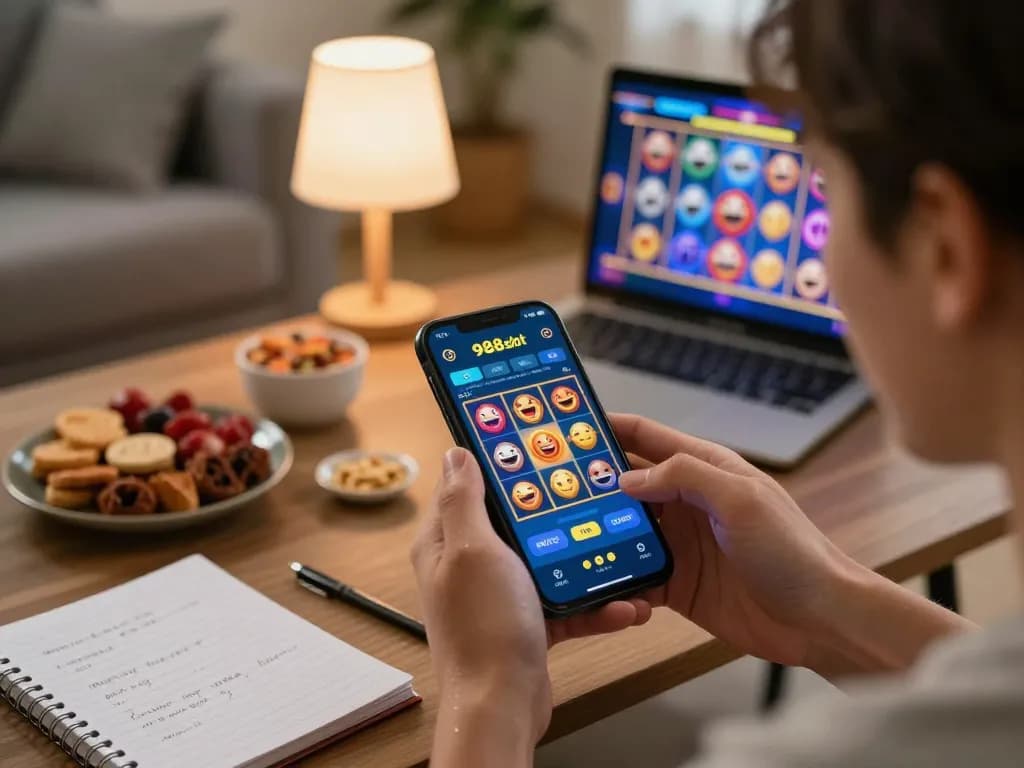 Engaging gameplay on the 988slot app in a cozy home setting with snacks and strategies
