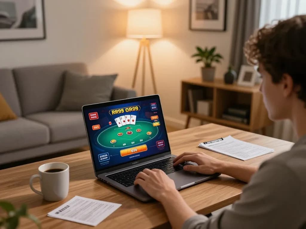 Player enjoying RR99 online casino games on a laptop in a cozy living room setting, capturing the excitement.