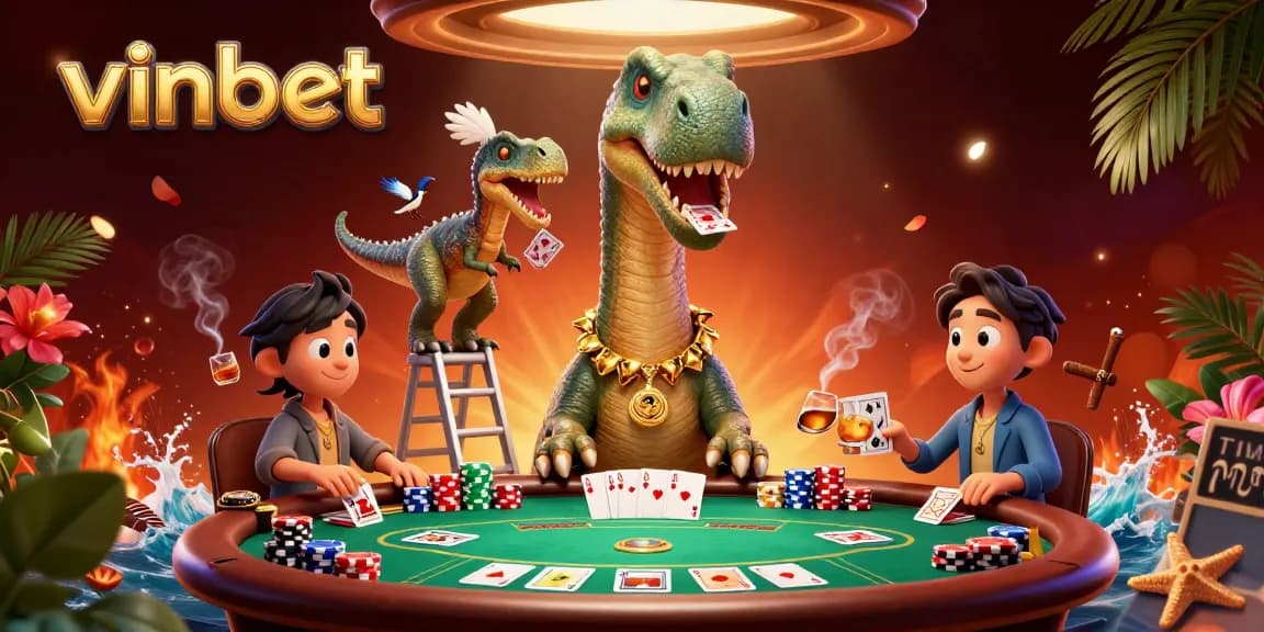 Exciting gaming scene depicting vinbet action with a dinosaur and clever raptor in a bustling casino.