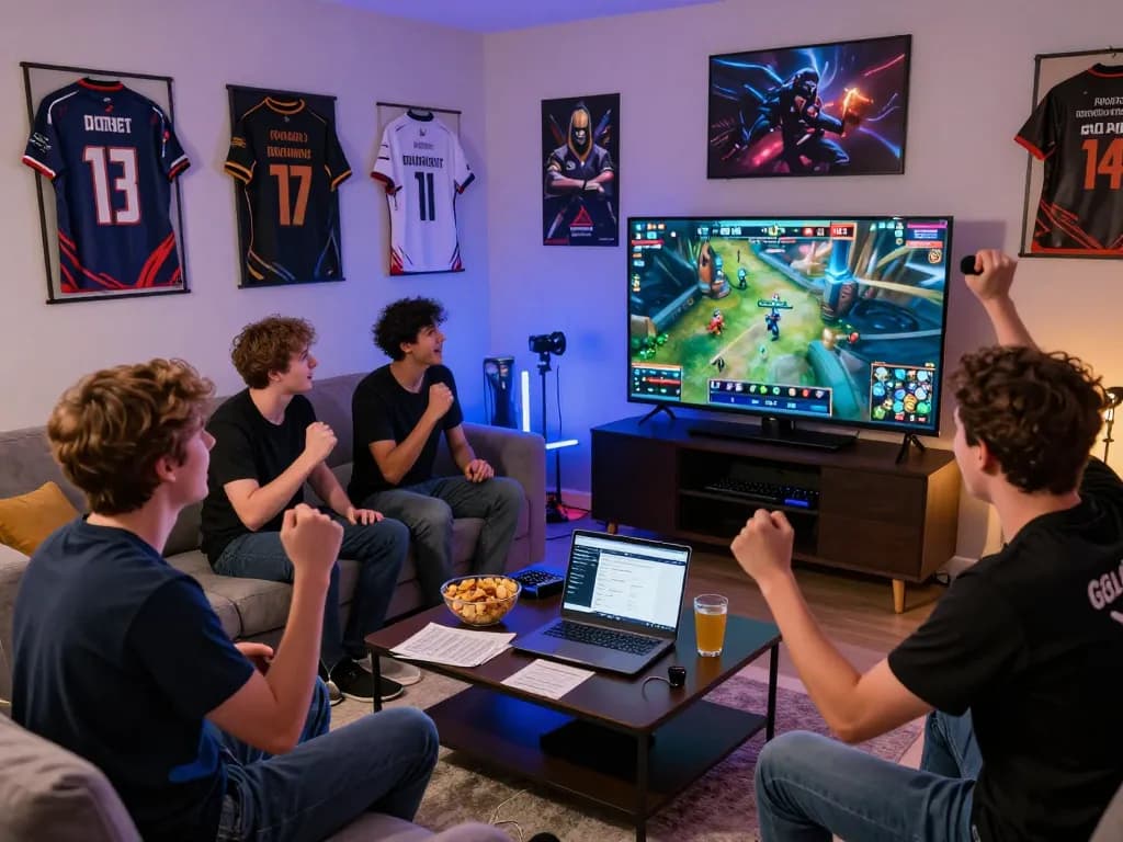Group celebrating Dota 2 betting action on GGLBet Singapore platform with jerseys, snacks, and an engaging atmosphere.
