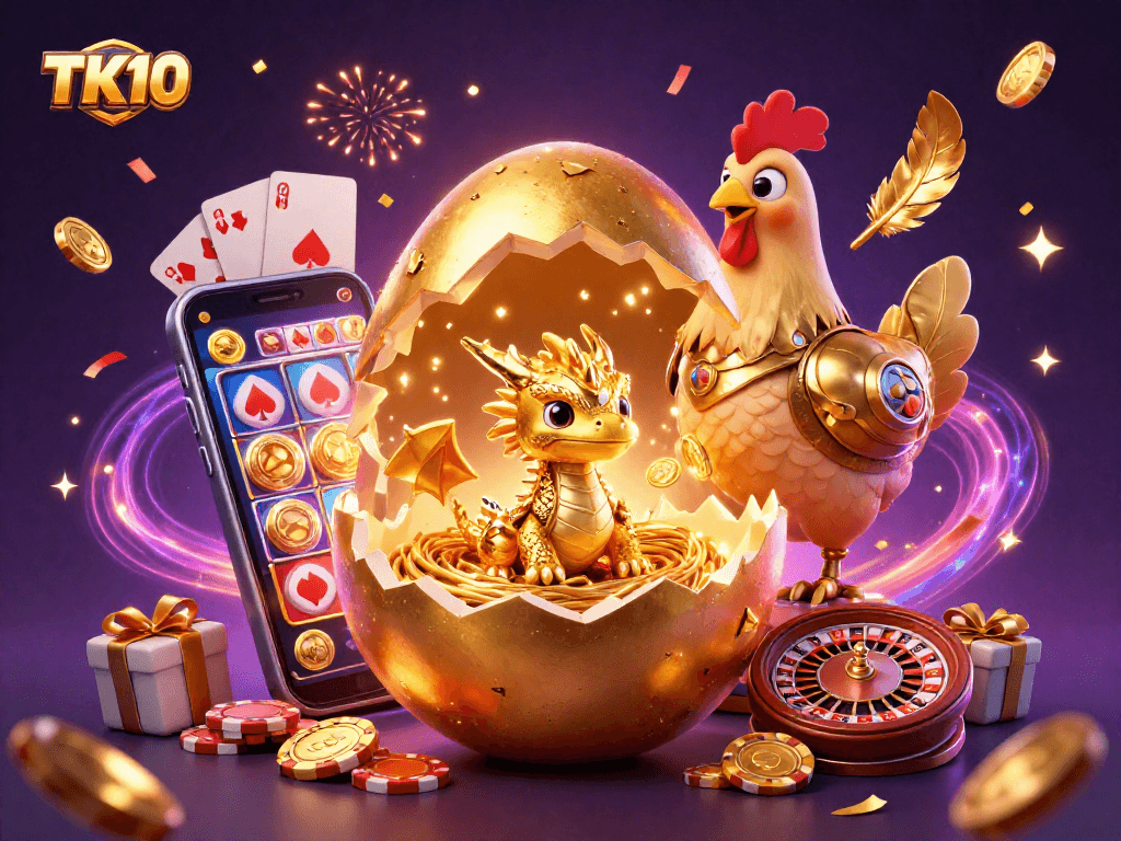 Experience thrilling gaming moments with TK10: a 3D golden dragon and slot game explosion.