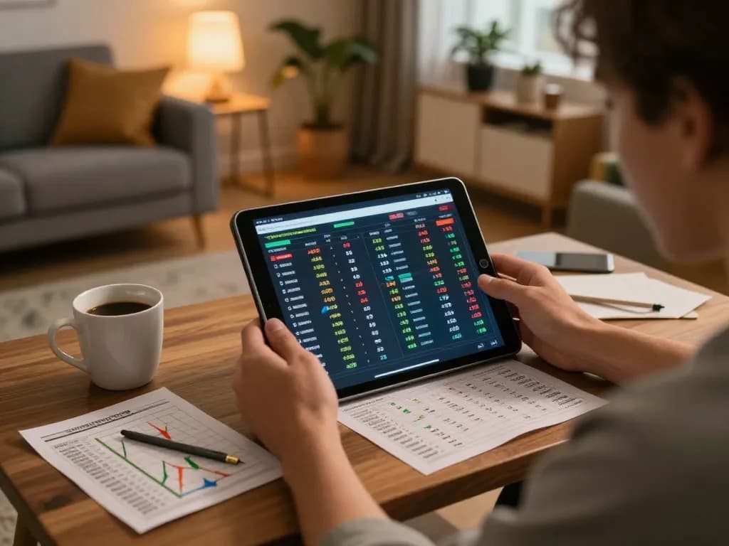Engaged bettor analyzing Ty le keo nha cai odds on tablet in a cozy living room setting