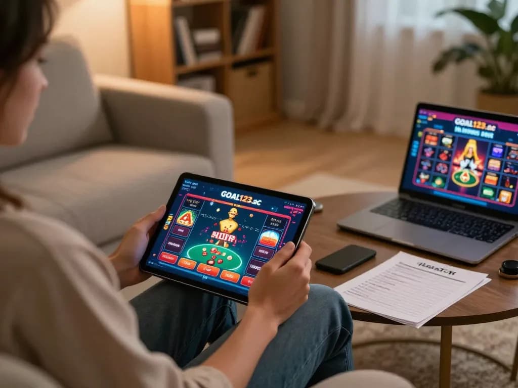 Engaging player using goal123.ac on tablet in a cozy home gaming environment.