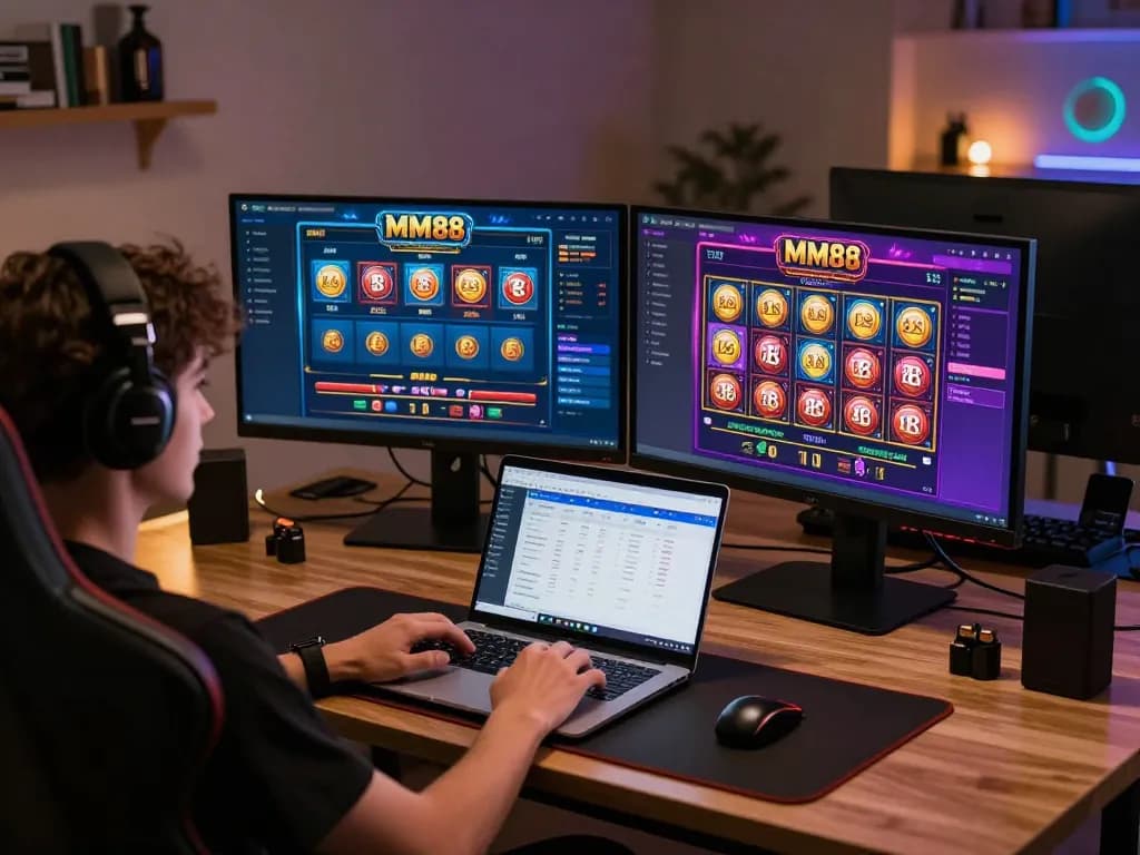 Gamer engaged in dynamic MM88 online casino gameplay on dual screens in a stylish home office setup.