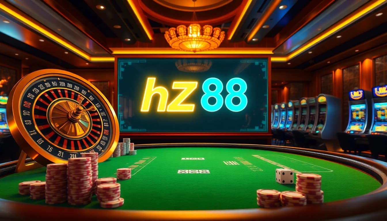 Professional dealer managing high-stakes hz 88 poker game with stacked chips and roulette wheel in vibrant casino