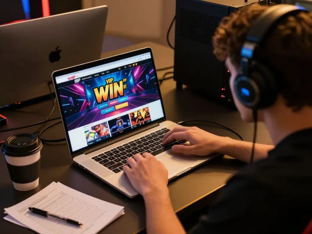 Engaging vip win online gaming setup with warm lighting, person focused on gameplay, strategic notes around.
