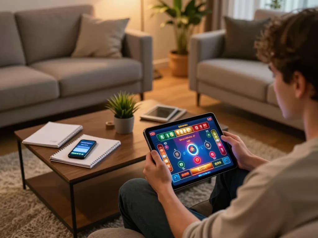 Player using tablet for online casino gaming in a cozy setting, accessing Link vào Luck8 for dynamic betting experience.