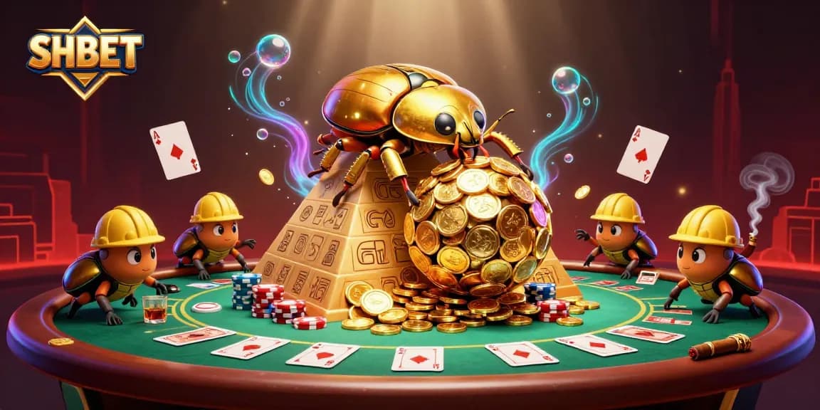 Join the excitement at SHBET with vibrant golden beetles rolling coins in a lively casino scene.