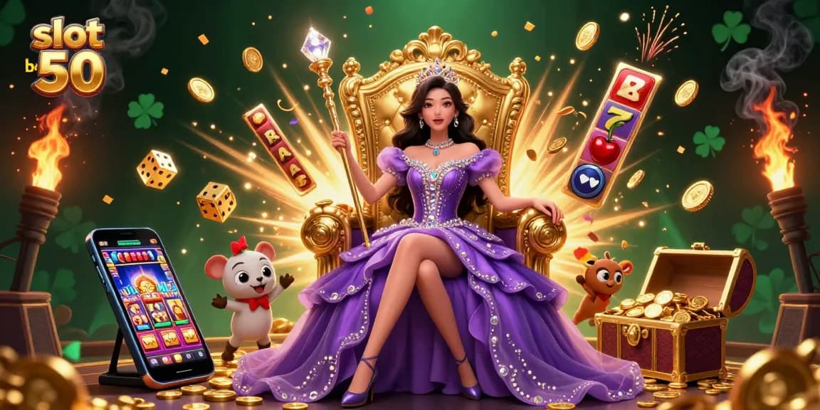 Experience the thrill of slot bet 50 with explosive jackpots and vibrant casino elements in this dynamic illustration.