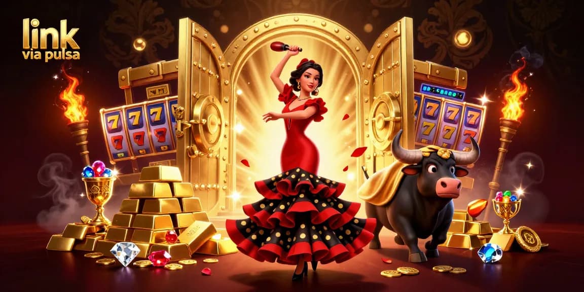Win big with link via pulsa in this vibrant 3D casino illustration featuring slot games.