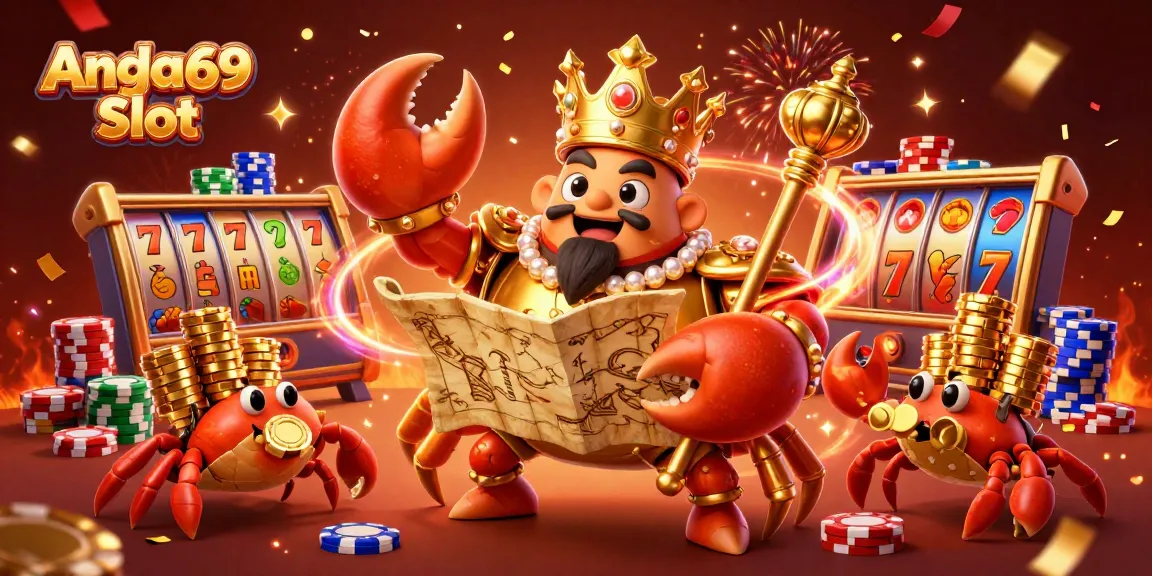 Engage in thrilling spins at Angka69 Slot with a golden crab emperor overseeing vibrant slot reels and treasure.