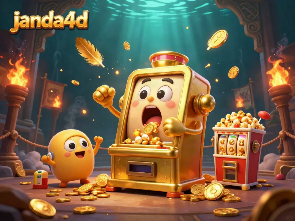 JANDA4D menunjukkan mesin slot emas yang meraih jackpot dengan penuh koin, menghadirkan hiburan kasino yang menyenangkan.