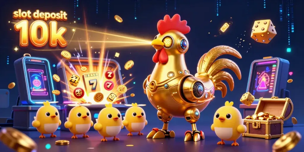 Slot deposit 10k memberikan peluang menang besar dengan ilustrasi slot bertemakan robot dan berbagai elemen kasino.