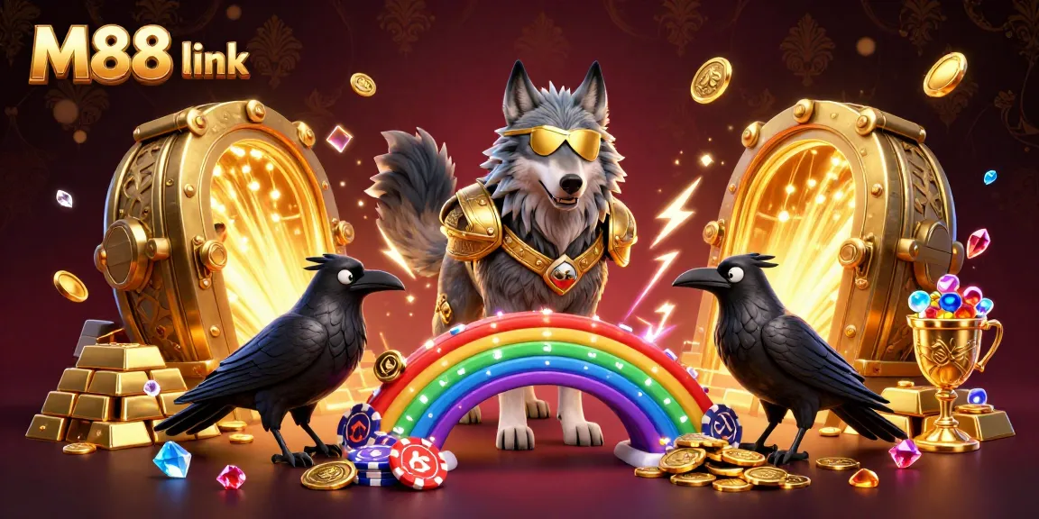 M88 link features a vibrant 3D casino scene with Odin and ravens, showcasing gold treasures and casino chips.