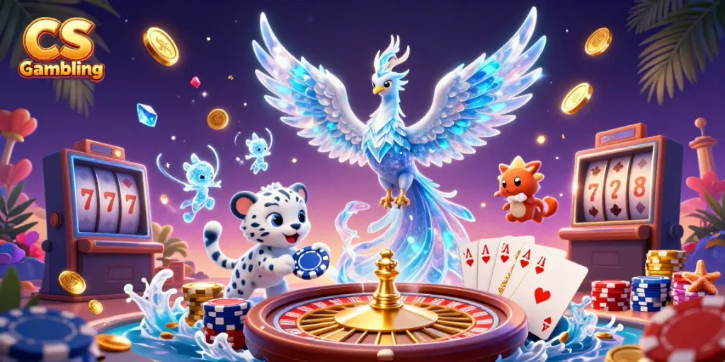 Experience CS Gambling with an ice phoenix and vibrant casino elements