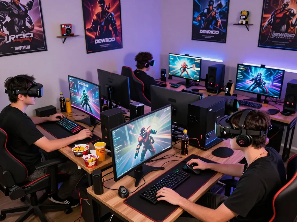 Players immersed in competitive gameplay on the Dewi100 platform, showcasing vibrant gaming setups.
