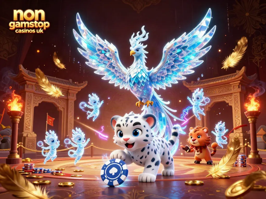 Engage with vibrant non gamstop casinos uk scene featuring an ice phoenix, snow leopard cub, and dancing sprites.