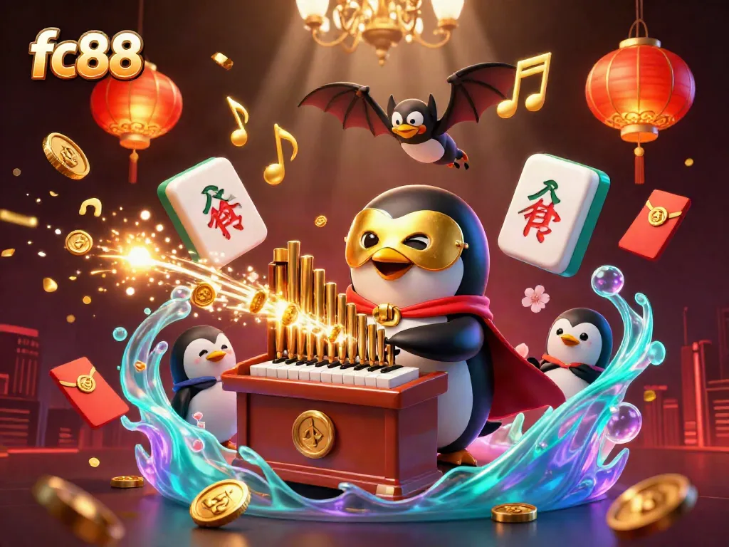 Engage with fc88 in a vibrant casino scene featuring a cartoon penguin and golden coins.