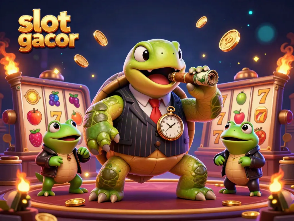 The illustration showcases "slot gacor" with a cartoon turtle in a mobster suit, bullfrog enforcers, and casino elements around them.