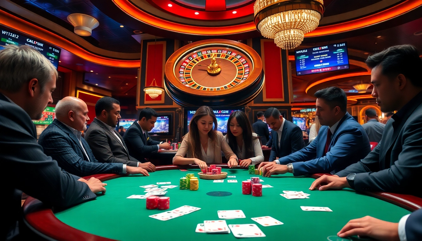 Players engaging in poker at a vibrant table with colorful chips capturing the thrill of 79king0.