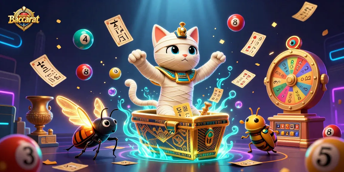 Baccarat scene featuring a cartoon mummy cat and scarab beetle amidst colorful gaming elements.